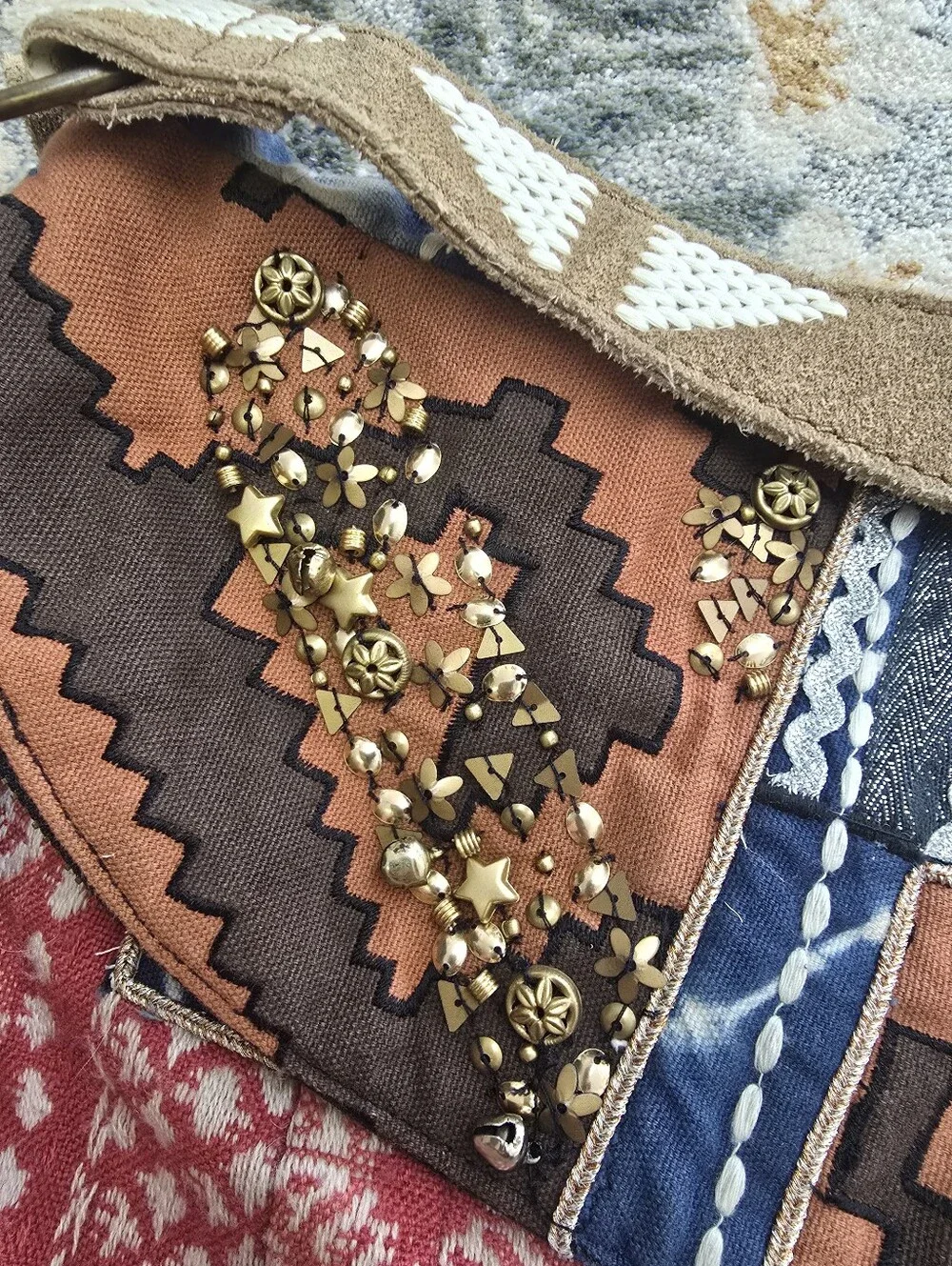 Free People Boho Patchwork Embellished Hobo Shoulder Bag Large